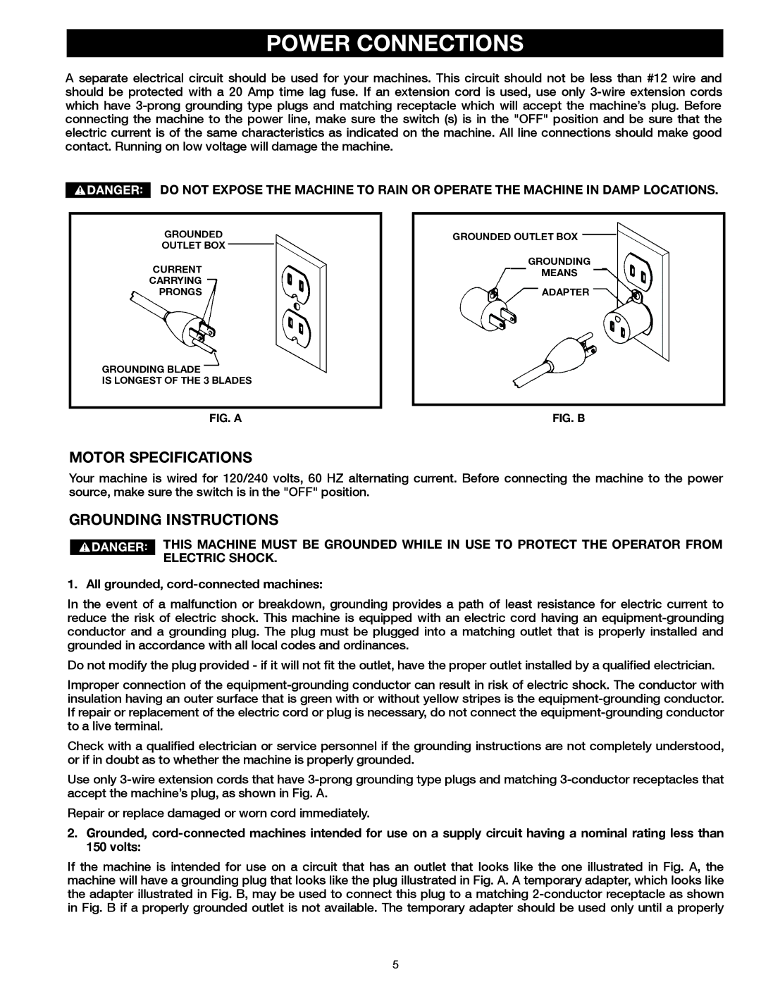 Delta 20-400 Power Connections, Motor Specifications, Grounding Instructions, All grounded, cord-connected machines 